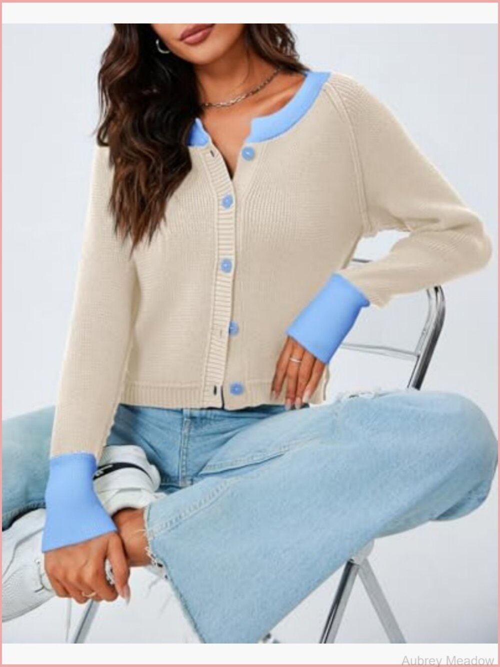 Cropped Button Down Cardigan Sweater Open Front Long Sleeve Color Block Knit - Picture 4 of 7